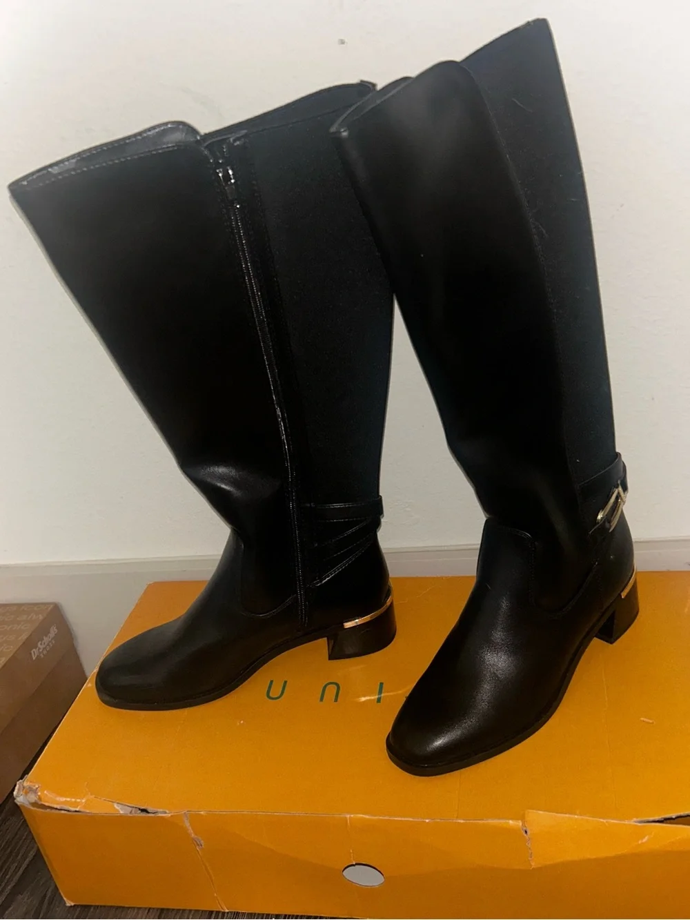 Unisa Black Over-the-Knee Riding Boots with Gold Accent